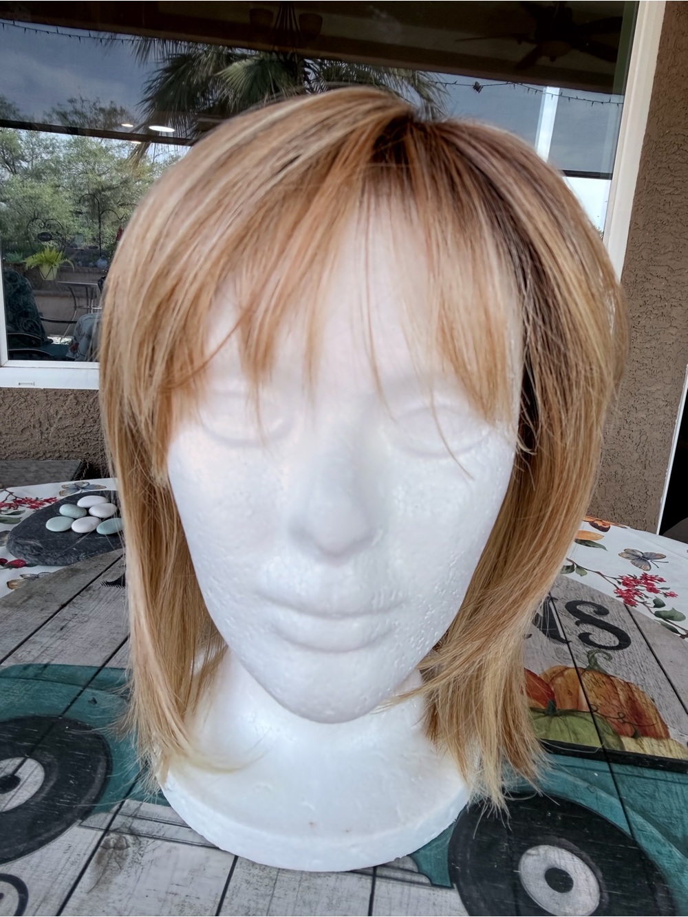 Layered Shoulder-Length Women's Wig in Light Honey Blonde with Bangs